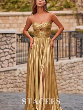 NWT Stacees Gold Strapless Keyhole Metallic Pleated A-line Prom Dress with Slit